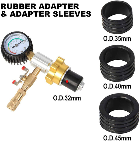 Coolant Vacuum Refill Kit For Radiator With Vacuum Gauge Tool And 32mm 35mm 40mm 45mm Adapters, tool and adapters close-up