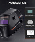 Auto Darkening Welding Helmet With True Color Viewing Screen 3.66 By 1.69 Inch Shade Range Four To Thirteen Solar Powered Comfy All Day Wear For MIG Arc Grinding Hood with accessories including extra lens, batteries, and manual.