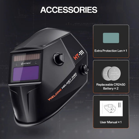Auto Darkening Welding Helmet With True Color Viewing Screen 3.66 By 1.69 Inch Shade Range Four To Thirteen Solar Powered Comfy All Day Wear For MIG Arc Grinding Hood with accessories including extra lens, batteries, and manual.
