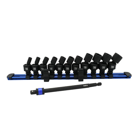 12-Piece One Quarter Inch Square And Hex Drive Magnetic Universal 6-Point Impact Socket Set shown in full view