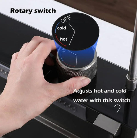 Rotary switch on Stainless Steel Sink with Detachable Faucet Ello da Raindance Design, 80x46x22cm, adjusts hot and cold water.