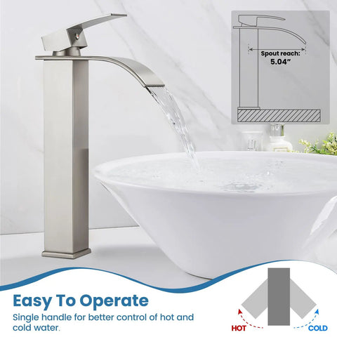 Tall Vessel Sink Faucet With Waterfall Flow, Single Hole, Single Handle Mixer Tap For Bathroom Vanity, Brushed Nickel