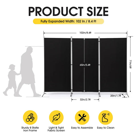 Diagram showing dimensions of Six Foot Tall Three Panel Privacy Screen Folding Room Divider Freestanding Black Wall Partition