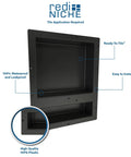 Triple Niche Recessed Shower Shelf With Three Built In Shelves Install Horizontal Or Vertical To Maximize Space Ideal For Soap Shampoo Razors And More Ready To Tile Surface For Custom Look 16 Inch Wide By 34 Inch High By 4 Inch Deep, black HIPS plastic, waterproof and leakproof