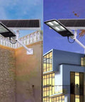 JUDYSSY Solar Floodlights, Led Street Light with Pole, showing a sleek design and solar panel mounted on a white post.