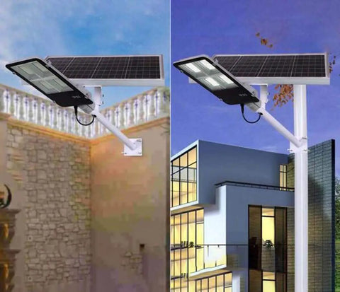 JUDYSSY Solar Floodlights, Led Street Light with Pole, showing a sleek design and solar panel mounted on a white post.