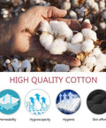 Hand holding cotton bolls above text highlighting high quality cotton features: permeability, hygroscopicity, hygienic, skin affinity.