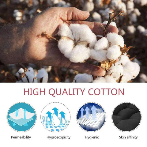 Hand holding cotton bolls above text highlighting high quality cotton features: permeability, hygroscopicity, hygienic, skin affinity.