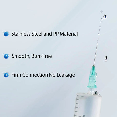Close-up of 25G 5/8 Luer Lock Syringe Needles, 100 Pack, Individually Packaged, Stainless Steel and Polypropylene, Pro Grade Lab Gear.