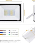 JUDYSSY Outdoor 100W Led Outdoor Flood Light, Security Light 3 Color Changing, showing dimensions and wiring details.