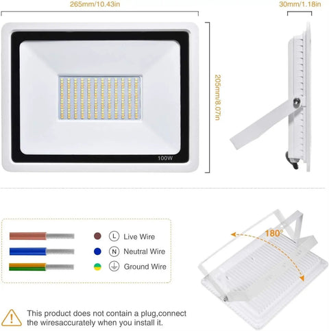 JUDYSSY Outdoor 100W Led Outdoor Flood Light, Security Light 3 Color Changing, showing dimensions and wiring details.