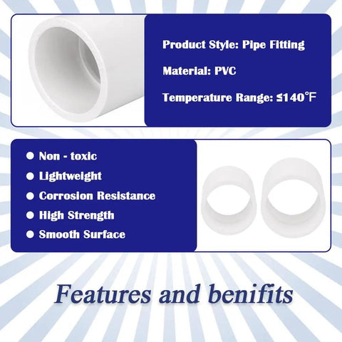 12 Pack 1/2 Inch White PVC Pipe Slip Socket Coupling Adapters For Sprinkler Systems And Drip Irrigation infographic with features