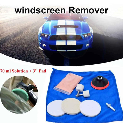 Car Glass Polishing Kit With Cerium Oxide Powder 70g 9 Piece Set displayed with towel, pads, and polish tools on blue cloth.