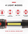 SLYDE Plus 2Nd Gen 400 Lumen Flashlight With 7 Modes showing slide-out COB work light and four light modes icons