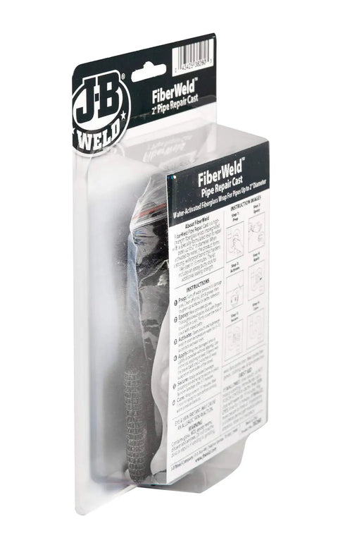 Front view of packaged 2 Inch Pipe Repair Cast With High Strength Fiberglass Wrap, Water Activated Resin, One Time Use Quick Fix, 2 Pack Of 60 Inch White Pipe Repair Wraps For PVC Copper Steel, Heavy Duty Performance.