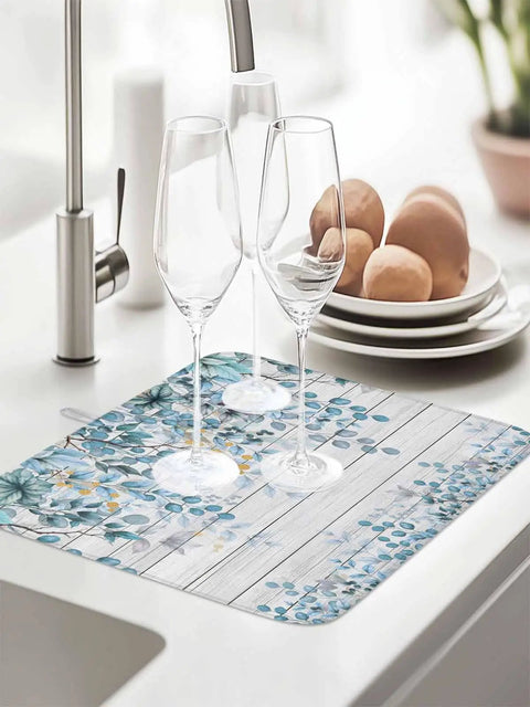 Absorbent Reversible Dish Drying Mat With Hanging Loop For Kitchen Counter In Eucalyptus Leaves Blue Farmhouse Wood Grain Microfiber Quick Dry 16 By 18 Inches Machine Washable Easy To Hang Or Store under glassware