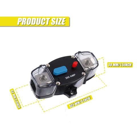 Heavy Duty 300Amp DC Circuit Breaker Delivering Rock Solid Auto Recovery And Easy Manual Reset Switch For Automotive Rv Marine Boat Wiring With Straight Up Overcurrent Protection And No Stress Operation, showing dimensions and layout