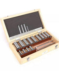Keyway Broach Kit 22 Pc Set with 4 Broaches, 5 Shims, 13 Bushings displayed in open wooden case