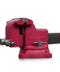 Beast Mode 8 Inch Bench Vise Boasting 360 Degree Swivel Base And 4 Inch Throat Depth, red ductile iron construction for heavy-duty use.