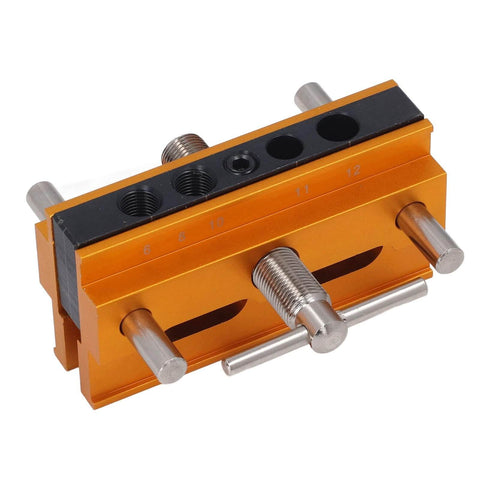Auto Centering Dowel Jig Kit with Adjustable Drill Guide from 0.4 to 2.4 Inches Wide Six Bushings in Gold Finish