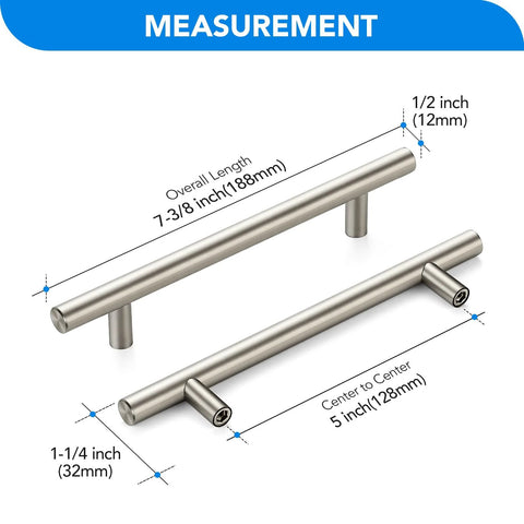 Dimensions of Brushed Nickel Cabinet Handles 5 Inch Hole Spacing Stainless Steel Drawer Pulls, showing measurements in inches.