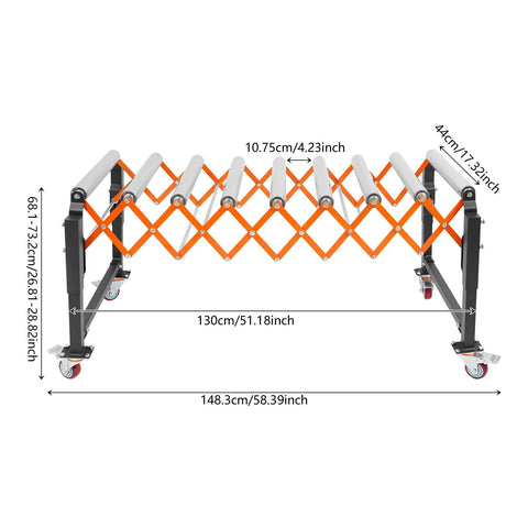 Hardcore Adjustable Roller Conveyor Table, 176 Lb Heavy Duty Expandable Belt With Wheels, Easy Roll Transport Rig For Warehouses, Docks, Stores And Shipping Hubs dimensions showing adjustable length and heavy-duty construction.