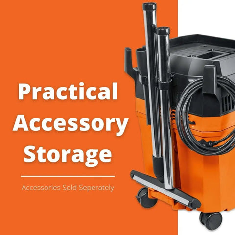 Heavy Duty Wet Dry Dust Extractor 5.8 Gallon Shop Vacuum With 1100W Motor And 151 Cfm with accessory storage attachments.