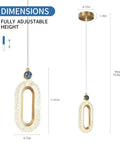 Pendant Lighting for Kitchen Island LED Dimmable Modern Gold Brushed Brass Mini Pendant Lights with Circular Diamond Textured Acrylic Accents 2 Pack shown with dimensions.