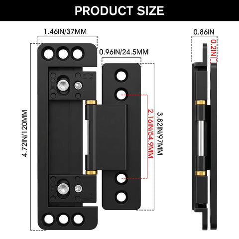 2 Pack Ultra Thin Hidden Door Hinges 4.5 Inch Heavy Duty Concealed Hinges dimensions with side and front view