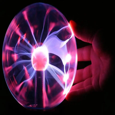 Lit Glass Plasma Ball Light Toy With Touch And Sound Activation 4 Inch Electrostatic Lightning Sphere glowing with colorful orbs