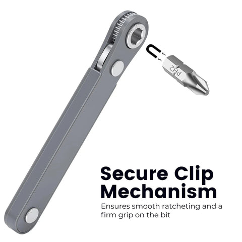 Ultra Low Profile Quarter Inch Mini Ratchet Wrench Set with secure clip and bit attachment, highlighting smooth ratcheting