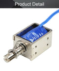 24V DC Push Pull Solenoid Electromagnet Open Frame Type With 15N Pulling Force And 10mm Stroke Delivers Smooth Linear Motion No Fuss Install Plunger Spring Return Compact Frame Design For Industrial Automation And Latch Or Actuator Use. open-frame steel solenoid with blue lead wires