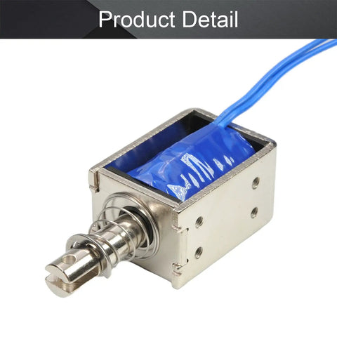 24V DC Push Pull Solenoid Electromagnet Open Frame Type With 15N Pulling Force And 10mm Stroke Delivers Smooth Linear Motion No Fuss Install Plunger Spring Return Compact Frame Design For Industrial Automation And Latch Or Actuator Use. open-frame steel solenoid with blue lead wires