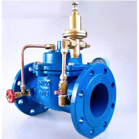 4 Inch Pilot Operated Pressure Relief Valve DN100 PN16 Flanged Ductile Iron Safety Valve For Industrial Water Systems With Precise Pressure Regulation And Heavy Duty QT450 Beefy Body, blue