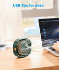 4 Inch USB Desk Fan With 3 Speed Portable Mini Cooling Fan And 360 Degree Rotatable Head on wooden desk near laptop