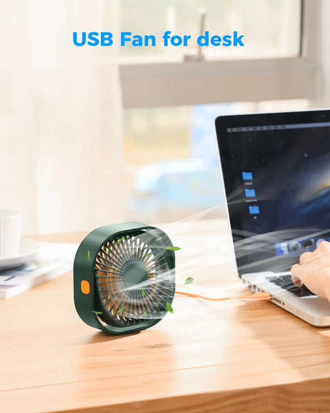4 Inch USB Desk Fan With 3 Speed Portable Mini Cooling Fan And 360 Degree Rotatable Head on wooden desk near laptop
