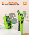 Go-To All In One Circuit Breaker Finder And Outlet Tester With GFCI Detection, Dual LCD Displays, Green device on table.