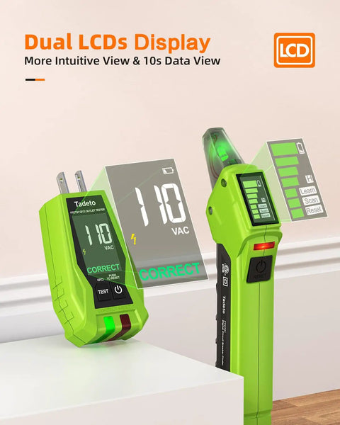 All In One Circuit Breaker Finder With Outlet Tester And GFCI Detector, Quick Voltage Check From 90 To 135V, Pro Grade Electrical Tracer With Dual LCD Display, Wiring Condition Scanner, Includes Batteries And Carrying Case, showing dual LCD display on devices.