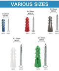 142 Piece Drywall Anchors And Screws Kit With 5 Different Sizes For Lightweight Mounting In Drywall Gypsum Board Lime Chipboard And Wood Ideal For Shelves Hangers Pictures Mirrors And Other DIY Fixings. Various sizes displayed with color-coded anchors and corresponding screws.