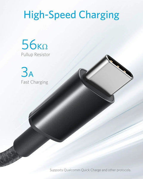 Close-up of black Anker USB-A to USB-C charging cable connector