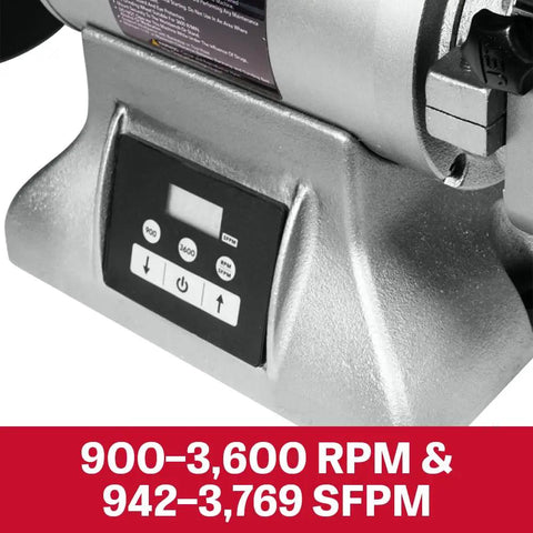 Built Like A Tank One Horsepower Variable Speed Disc Grinder And Belt Sander Combo Featuring Digital Readout controls with RPM details.