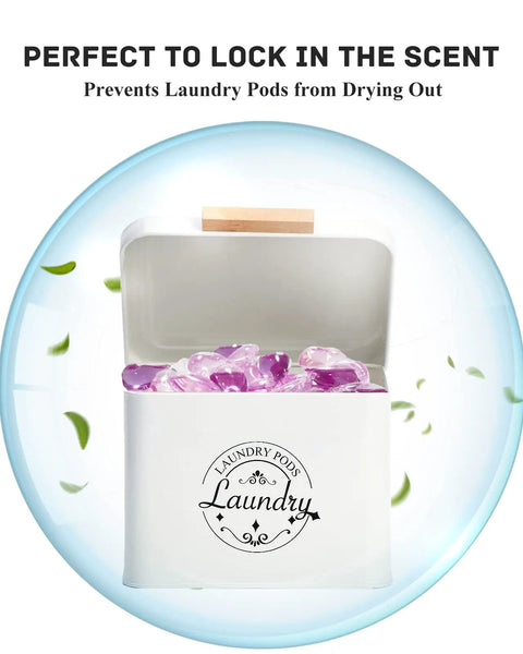 Powder Coated Galvanized Metal Laundry Pods Holder with Hinged Lid holding purple pods, farmhouse style canister for decor and storage