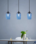 Three Pack Pendant Lights Set for Kitchen Island Hand Blown Seeded Blue Glass Shades in Black Finish Modern Farmhouse Ceiling Fixtures