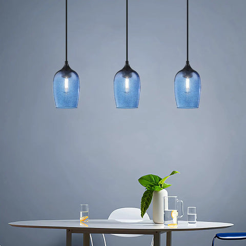 Three Pack Pendant Lights Set for Kitchen Island Hand Blown Seeded Blue Glass Shades in Black Finish Modern Farmhouse Ceiling Fixtures