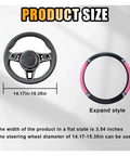 Product size info showing 14.17in-15.35in steering wheel diameter for Dope Pink Rhinestone Bling Soft Leather Steering Wheel Cover For Cars 15 Inch.