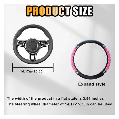 Product size info showing 14.17in-15.35in steering wheel diameter for Dope Pink Rhinestone Bling Soft Leather Steering Wheel Cover For Cars 15 Inch.