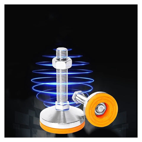 Heavy Duty Leveling Screw Legs Adjustable Feet M16 M20 M24 M30 Thick Carbon Steel Machine Base Stand Built Like A Tank For Uneven Floors Quick Threaded Lift silver leveling feet with orange rubber base and threaded support.
