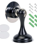 Solid Two Pack Black Magnetic Door Stop With Mounting Screws Holds Doors Tight And Catches Slamming Noise With Built In Spring Cushion For Easy Install with mounting screws and pads.