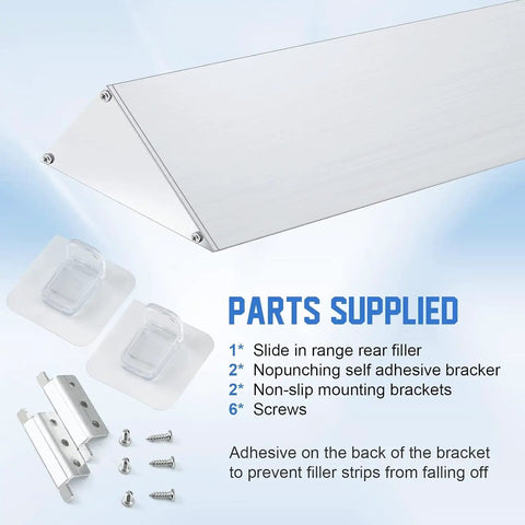 Parts supplied for 30 Inch Slide In Range Rear Filler Kit W10113901A Universal Triangular Gap Filler Strip including brackets and screws