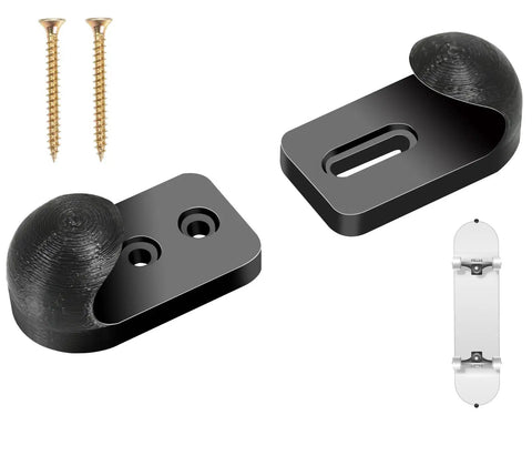 Vertical Skateboard Holder For Wall Display And Storage, 1 Pair Wall Mount Hangers with screws and skateboard illustration
